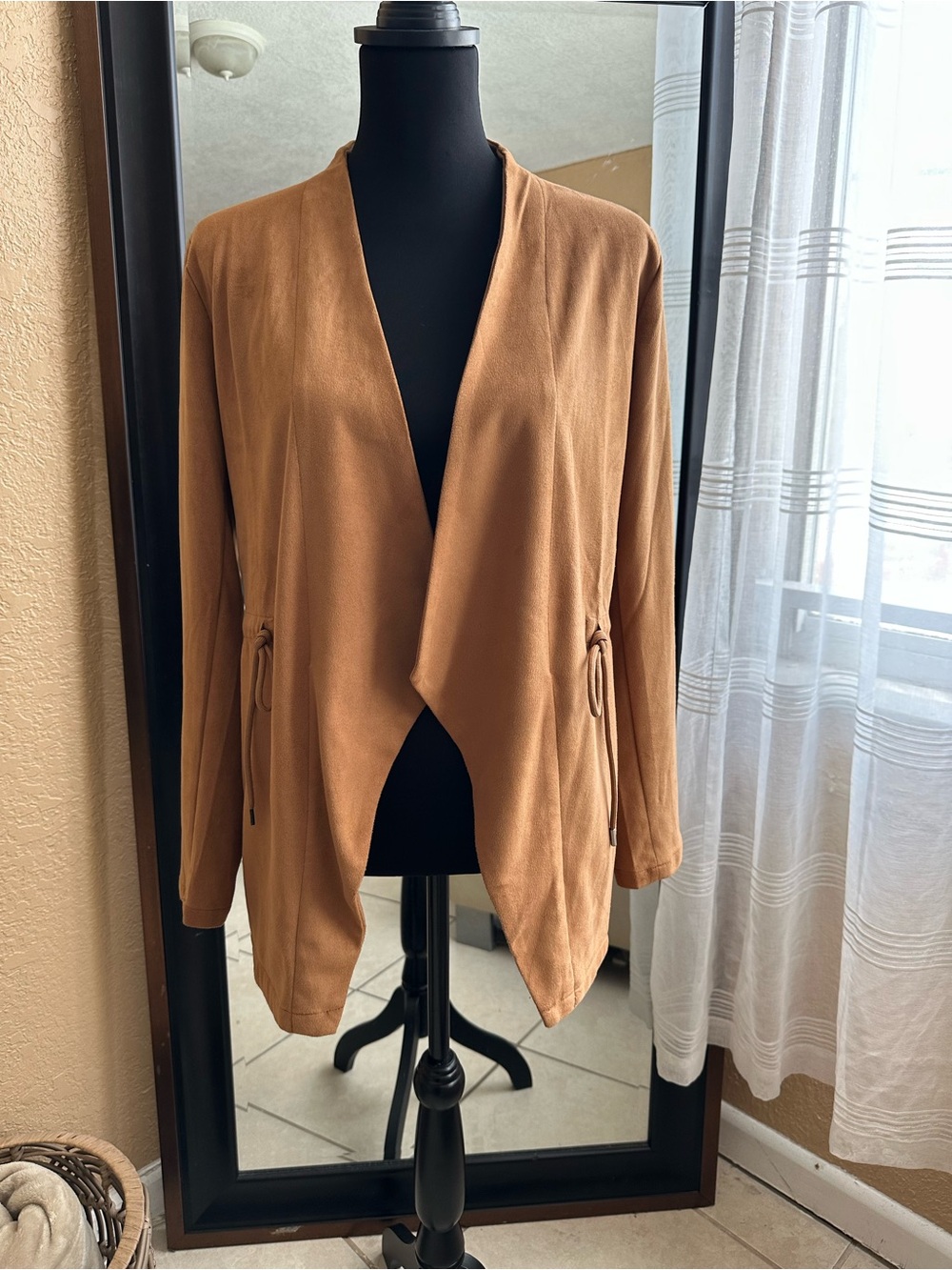 Thread + Supply Camel Faux Suede Open Front Jacket Cardigan Size Small - Picture 2 of 14